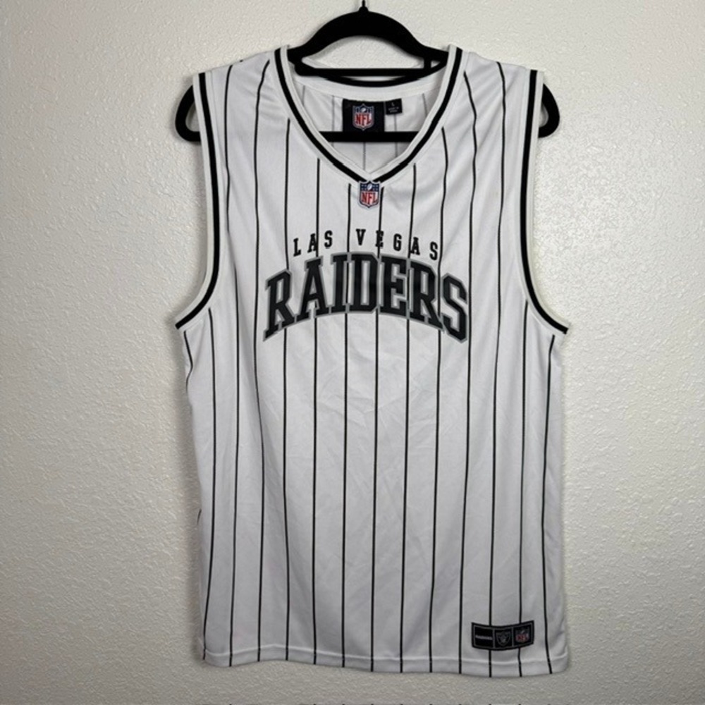 Primark Las Vegas Raiders Jersey Tank Top White Pinstripe Mesh Large NFL V-Neck